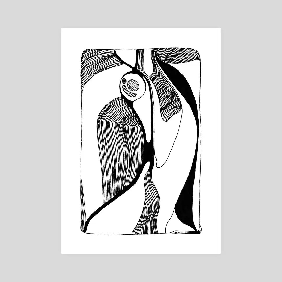 An abstract print drawn in ink.